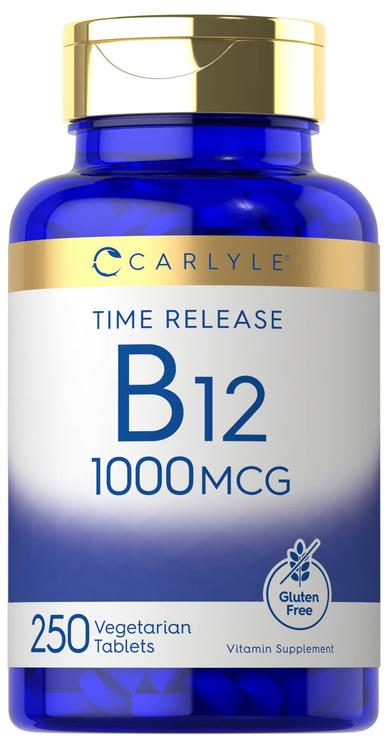 Carlyle B12 Vitamin 1000 mcg | 250 Count | Time Release Tablets | As Cyanocobalamin | Vegetarian, Non-GMO & Gluten Free Supplement 250 Count (Pack of 1)