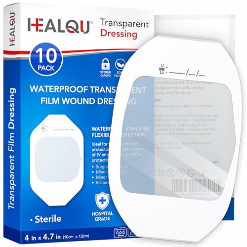 Transparent Film Dressing 4" x 4.75" (10 Pack) - Waterproof Adhesive Wound Bandages for Post-Surgical Shower, IV Shield, Tattoo Aftercare, Clear Breathable Dressing Patches by HEALQU 4"x4.7" (10 Pack)