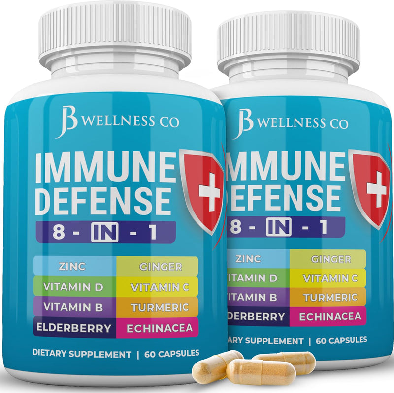 JB Wellness Co Immune Support 8 in 1 Capsules - Zinc Supplement, Vitamin D3, Vitamin C and Elderberry - Immune Booster with Echinacea, Ginger Root, and Turmeric - [2-Pack] 120 Capsules (Pack of 2)