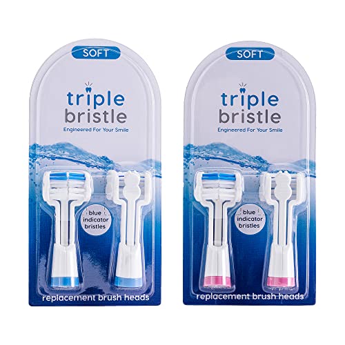 Triple Bristle Replacement Brush Head Refills, 4 Pack (2 Pink + 2 Blue)