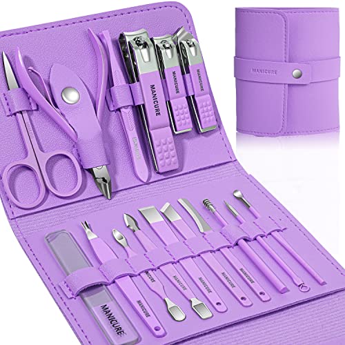 Manicure Set Professional Nail Clippers Pedicure Kit,16 pcs Stainless Steel Violet