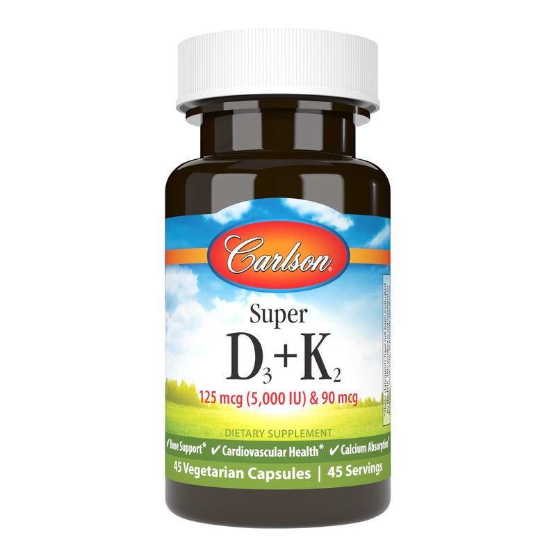 Carlson Super D3 + K2, 125 mcg (5000 IU), 45 Vegetarian Capsules | Vitamin D3; 90 mcg Vitamin K2 as MK-7; Bone Support; Calcium Absorption 45 Count (Pack of 1)
