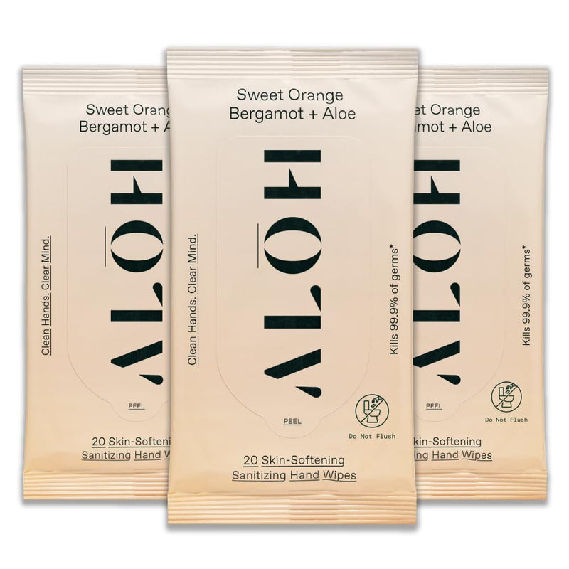 AL≈åH Sweet Orange Bergamot + Aloe Sanitizing Hand Wipes - Clean Hands, Clear Mind - On The Go Hand Sanitizing Wipes for Kids and Adults - Travel Size 3 Pack 20ct Wipes (60 wipes) Sweet Orange Bergamot 3 pack 20ct Wipes (60 wipes)