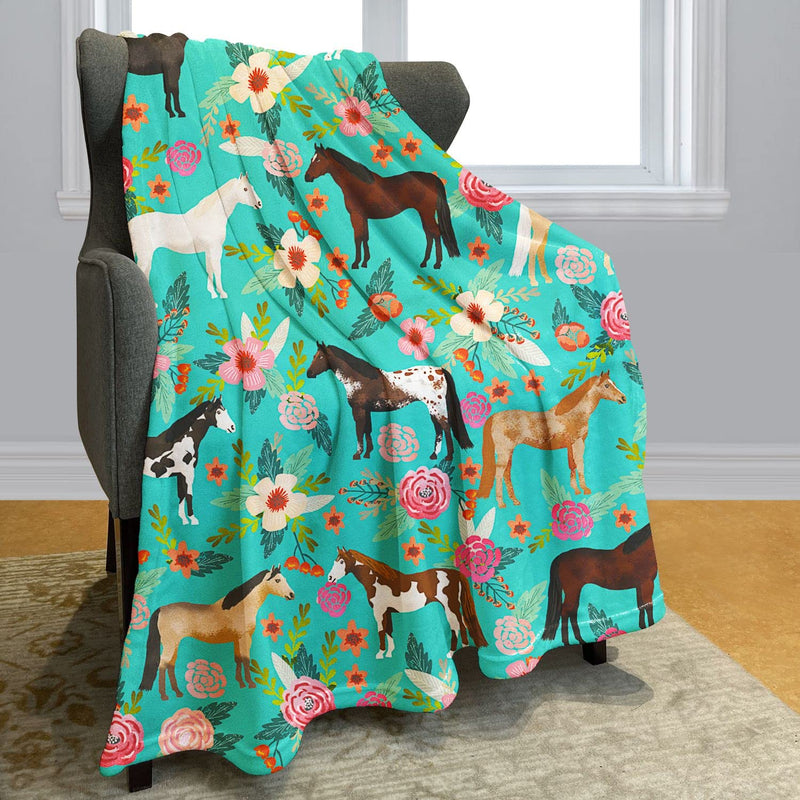 Flower Horse Throw Blanket Horse Green with Flowers Fleece Blanket Soft Warm Cozy for Sofa Couch Bed 50"x60" 50"x60" Flower Horse