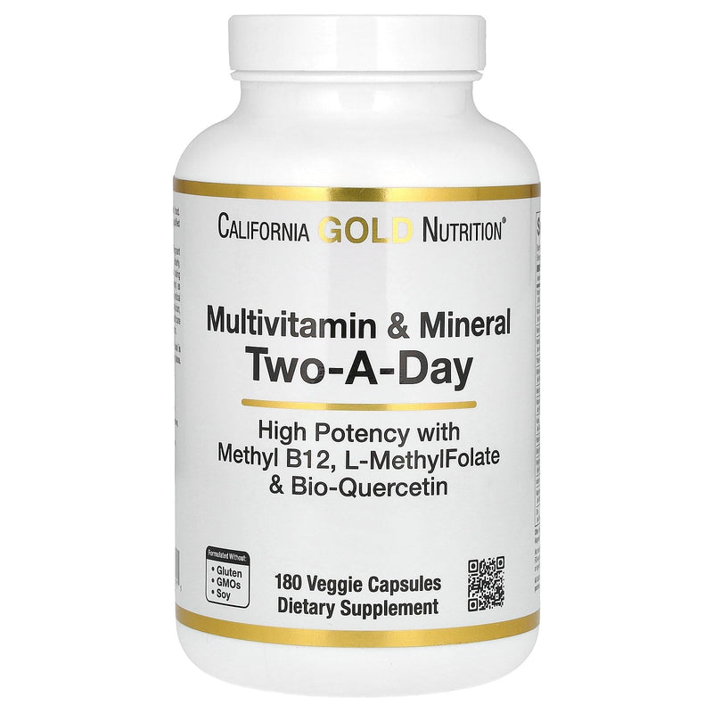 California Gold Nutrition Multivitamin and Mineral with Methyl B12, Vitamin C, L-MethylFolate and Bio-Quercetin, Two-A-Day, 180 Veggie Capsules