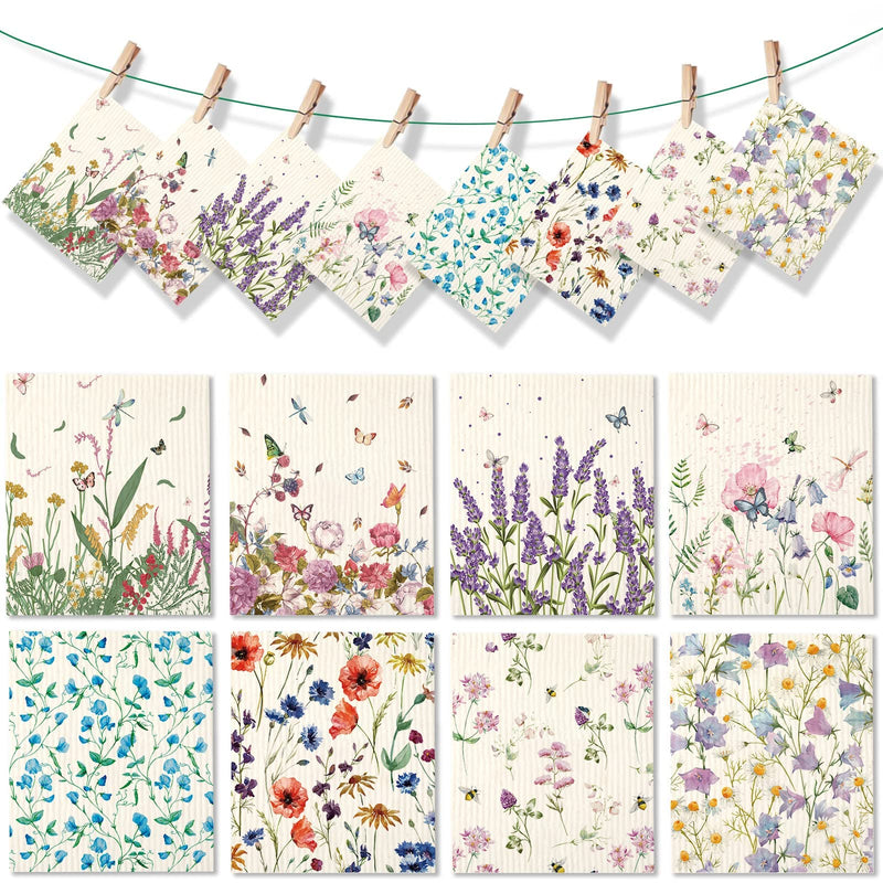 8 Pieces Wildflowers Swedish Kitchen Dishcloths Butterflies and Flowers Kitchen Towels Set Absorbent Dish Cleaning Cloths Reusable Sponge Quick Drying Cleaning Dishcloths for Home Kitchen Cleaning - BeesActive Australia