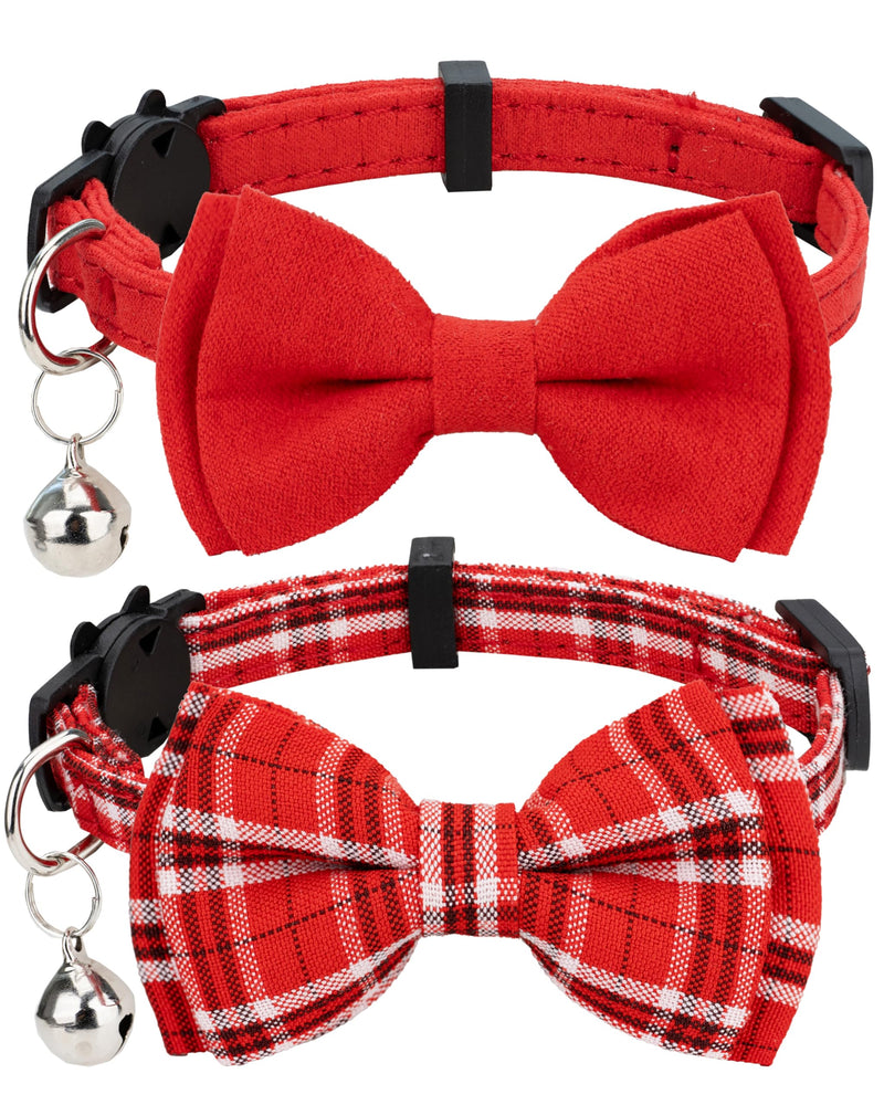 Cat Collar Breakaway Bowtie Safety with Bell Adjustbale Kitten Puppy Solid Plaid Color Set J-[2pcs] Red - BeesActive Australia