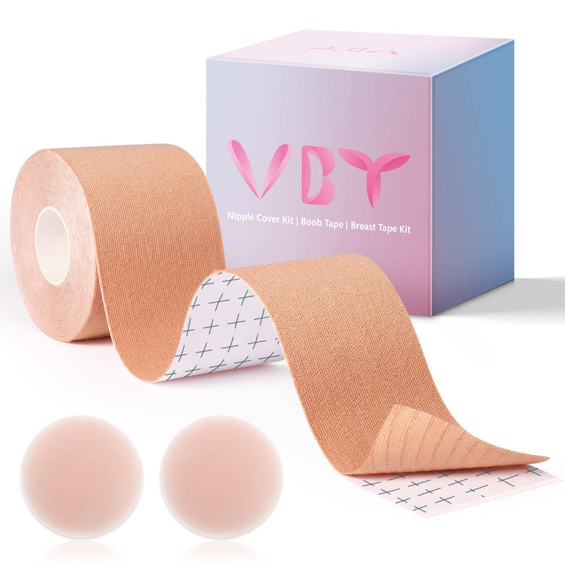 VBT Boob Tape - Breast Lift Tape, Body Tape for Breast Lift w 2 Pcs Silicone Breast Reusable Adhesive Bra, Bob Tape for Large Breasts A-G Cup, Nude Beige 2 inch - BeesActive Australia