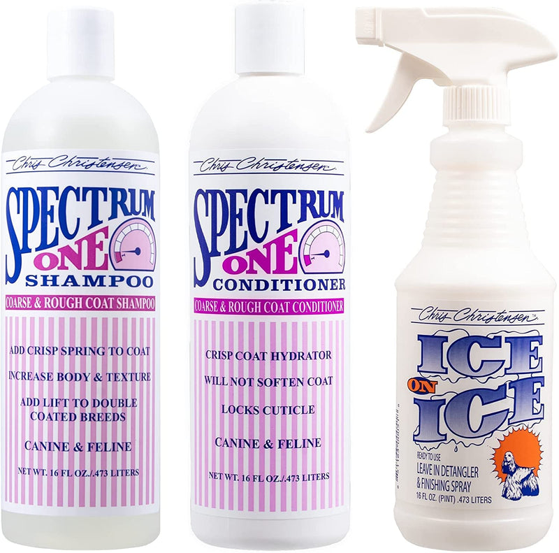 Chris Christensen Shampoo & Conditioner 16 oz Bundle - Spectrum One Shampoo + Spectrum One Conditioner +Ice on Ice Dentangling/Finishing Spray, Groom Like a Professional, Made in USA - PawsPlanet Australia