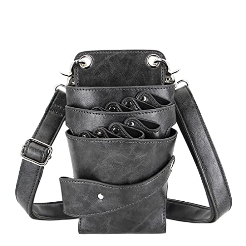 Scissors Bag- Soft Leather Salon Barber Hairdressing Scissor Shears Holster Hair Stylist Tools Bag with Waist Shoulder Belt Grey