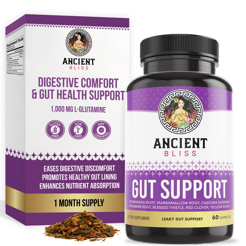Ancient Bliss Leaky Gut Supplement, L Glutamine Capsules for Gut Support with Blessed Thistle and Hydrangea Root, Vegan and Non-GMO, 60 Capsules