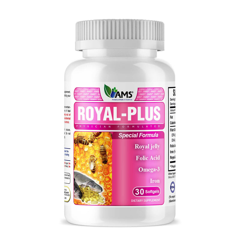 America Medic & Science Royal-Plus (30 softgels) | Royal Jelly Prenatal Vitamins for Women | Iron Supplements with Fish Oil Omega-3 Fatty Acids and Folic Acid | Vital Nutrients for Pregnancy 30 Count (Pack of 1)