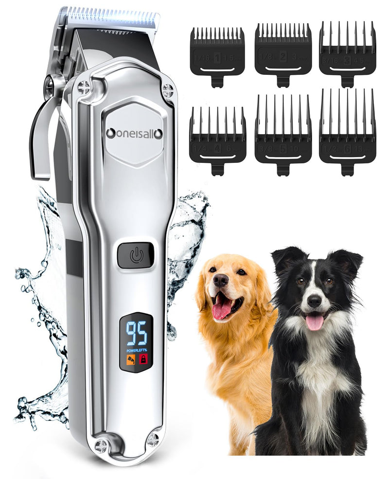 oneisall Dog Clippers for Grooming for Thick Heavy Coats/Low Noise Rechargeable Cordless Pet Shaver with Stainless Steel Blade/Waterproof Dog Shaver for Dogs Pets and Animals (Sliver) A Stainless Steel