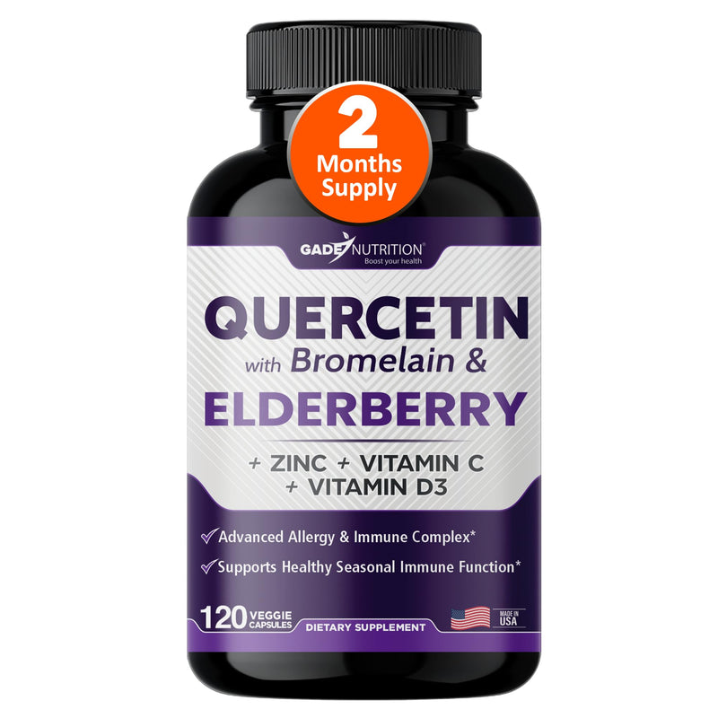 Gade Nutrition Quercetin with Bromelain Elderberry Vitamin C and Zinc | Sambucus Immune Support Supplement 500mg Capsules | Gluten-Free | Made in USA | 2 Month Supply Third Party Tested 120 Count (Pack of 1)