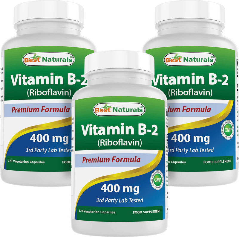 Best Naturals Vitamin B2 (Riboflavin) 400mg - Migraine Relief - Veggie Capsules - Conezyme Precursor - 120 Count (120 Count (Pack of 3)) 120 Count (Pack of 3)