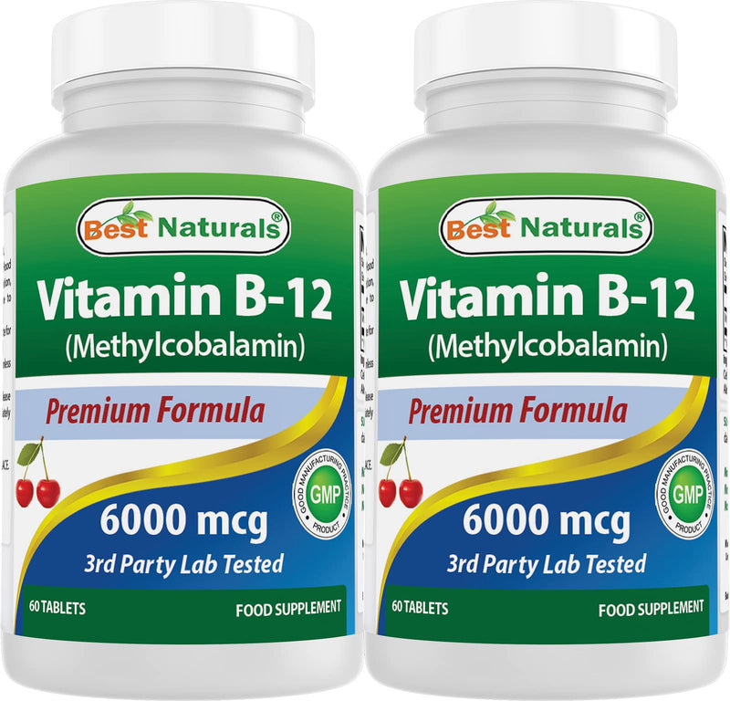 Best Naturals Vitamin B-12 as Methylcobalamin (Methyl B12), 6000 mcg 60 Sublingual Tablets (60 Count (Pack of 2)) Cherry 60 Count (Pack of 2)