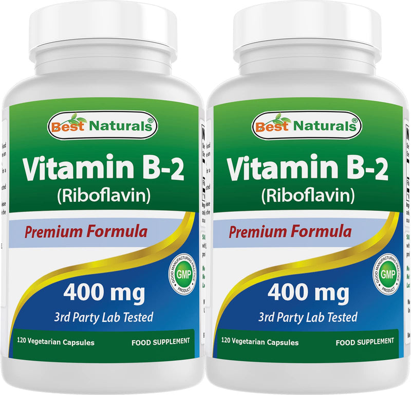 Best Naturals Vitamin B2 (Riboflavin) 400mg - Migraine Relief - Veggie Capsules - Conezyme Precursor - 120 Count (120 Count (Pack of 2)) 120 Count (Pack of 2)