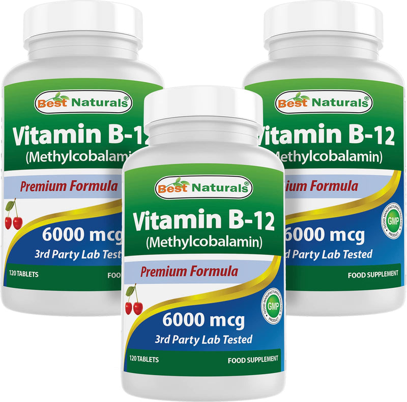 Best Naturals Vitamin B-12 as Methylcobalamin (Methyl B12), 6000 mcg 120 Sublingual Tablets (120 Count (Pack of 3)) Cherry 120 Count (Pack of 3)