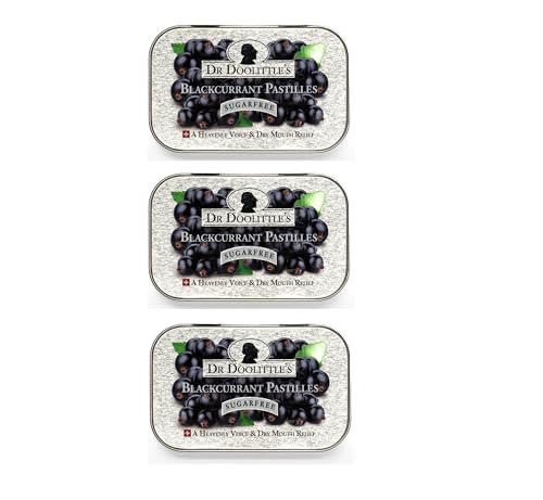 Dr. Doolittle’s Sugar Free Soft Fruit Pastilles for Voice and Throat, Blackcurrant Flavor, 2.12 Ounce Tin, approximately 25 Count Package, 3 Pack 25 Count (Pack of 3) Blackcurrant-sf