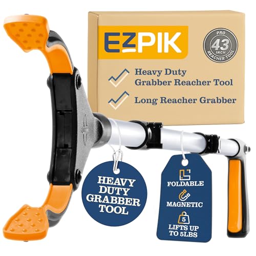 EZPIK Pro 43" Foldable Grabber Reacher Tool for Seniors - Grabbers for Elderly Reaching Tool Heavy Duty Pickup Trash Picker Upper Equipment - Claw Grabber Stick for Reaching Aids, Weed Gripper 43" - 1 PK Silver