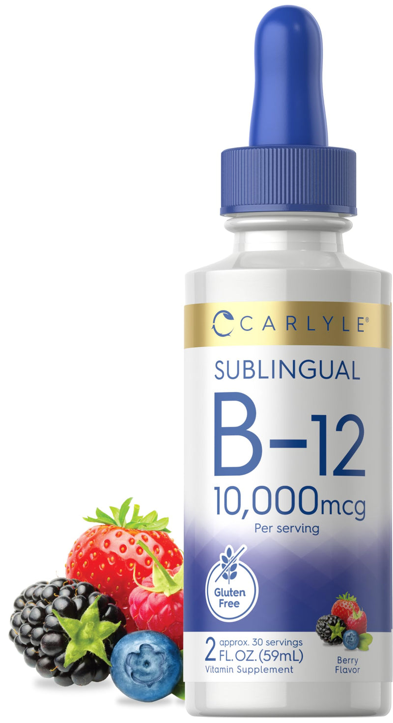 Carlyle Vitamin B12 Sublingual Liquid Drops | 10,000 mcg | 2 fl oz | As Cyanocobalamin and Methylcobalamin | Vegetarian, Non-GMO and Gluten Free 2 Fl Oz (Pack of 1)