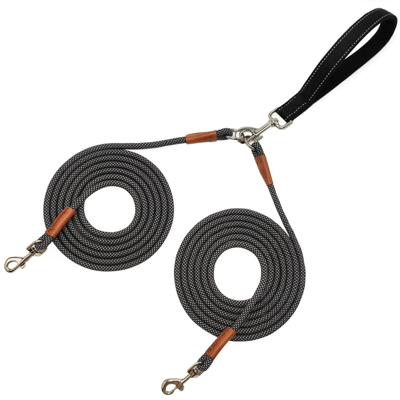 8 FT Double Dog Leash, 2 Way Mulitiple Dog Leash Detachable No Tangle with Soft Padded Handle, 1/4" Rope Dual Dog Leash for 2 Dogs Outdoor Walking (Black Grey) 8ft* 1/4" black grey - BeesActive Australia