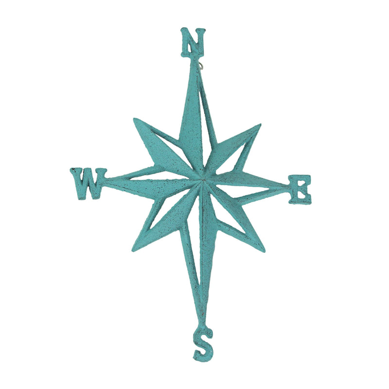 Turquoise Blue Cast Iron Compass Rose Wall Hanging Sculpture - Coastal Home Decor Art Piece - 13.5 Inches High Nautical Elegance for Indoor or Outdoor Spaces Turquoise