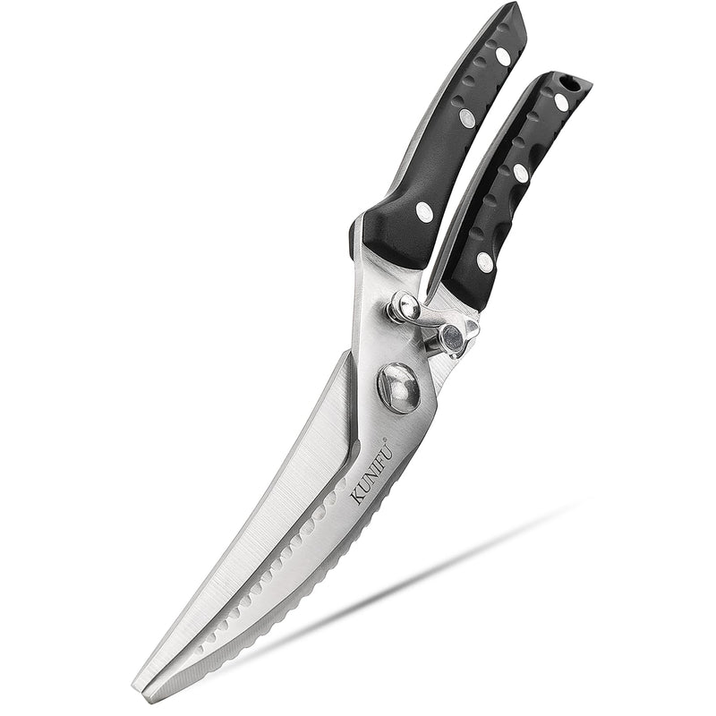 KUNIFU All Purpose Poultry Shears, Full Tang Heavy Duty Blades Kitchen Scissors, Dishwasher Safe and Stainless Cooking Cutter for Food, Chicken, Turkey, Meat, Beef, Bone, Veg, Fish, Herbs, BBQ Black - BeesActive Australia