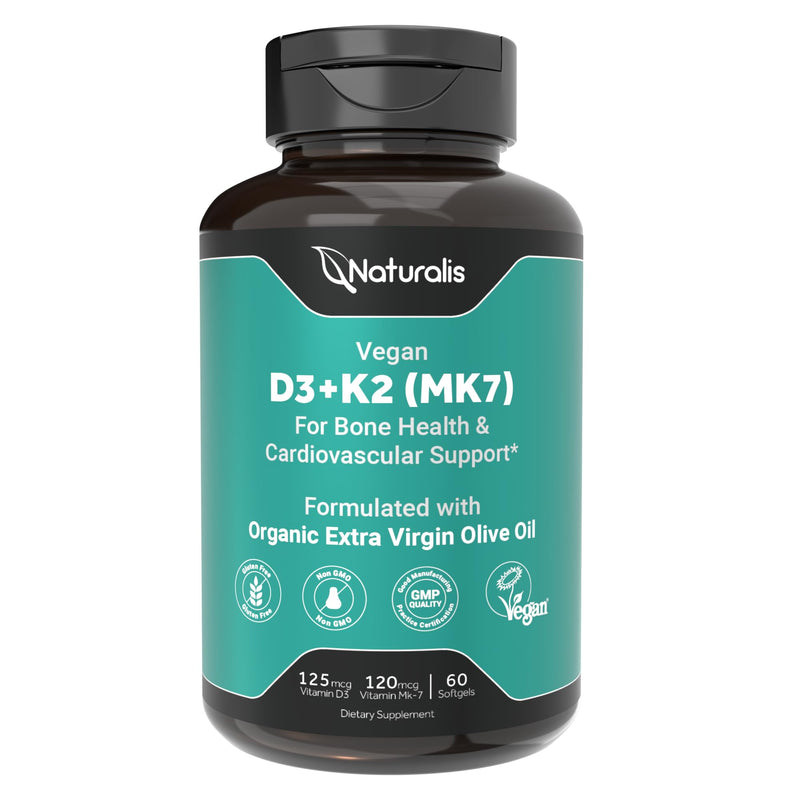 Naturalis Vegan Vitamin D3+K2 from Algae | 5000 IU D3 with 120mcg MK7 | Vegan Society Certified,Sustainably Sourced,Better Than Animal Derived | Better Support for Bone & Immune Health* | 60 Softgels 60 Count (Pack of 1)