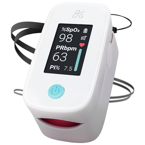 Greater Goods Finger Pulse Oximeter, Blood Oxygen Meter, Measures SpO2, Heart Rate, and PI, Includes Batteries & Lanyard