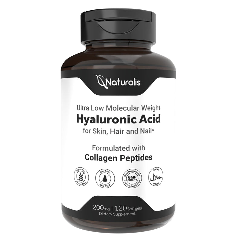 Naturalis Hyaluronic Acid 200mg 120 Softgels | Ultra Low Molecular Weight | 5,000 Da Ultra-Low Molecular Weight Collagen with 10X Better Absorption, enhanced with Biotin, Selenium, and Vitamin E. 120 Count (Pack of 1)