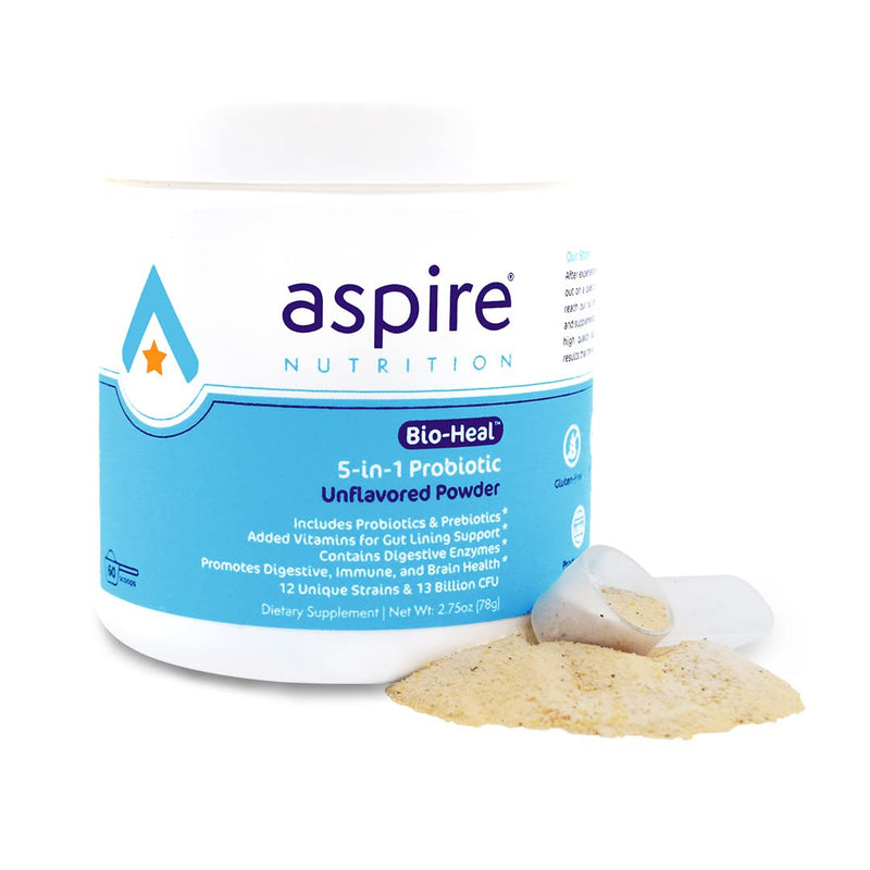 Aspire Nutrition 5-in-1 Bio-Heal® Probiotic Powder for Kids, Men & Women | SUPPORTS BRAIN FUNCTION, GUT HEALTH & REGULARITY: Shelf stable and fortified with vitamin, mineral, and prebiotic fiber Probiotic for Kids Powder