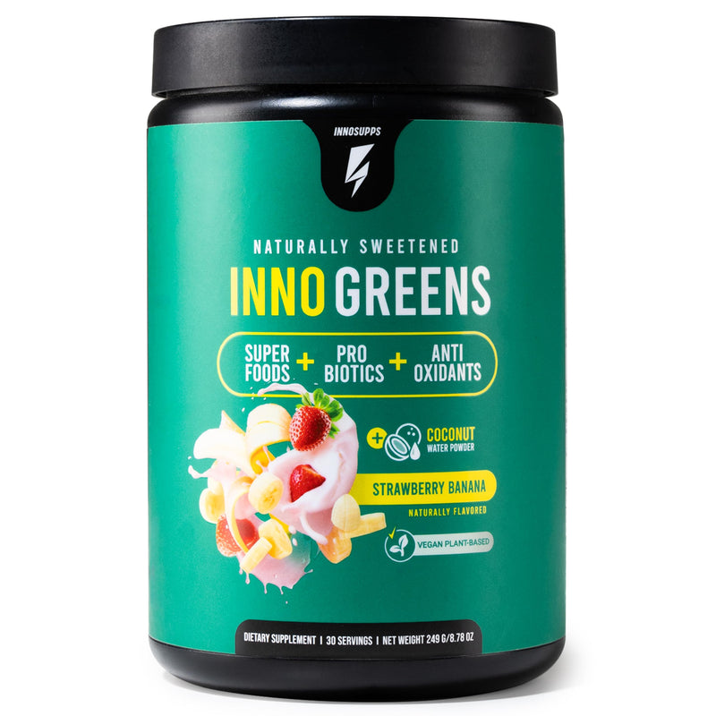 Inno Greens | 28+ Organic Greens & Superfoods | Advanced Prebiotics + Probiotics | Super Antioxidant + Hydration | Spirulina, Chlorella, Ashwagandha | Natural | 30 Servings (Strawberry Banana) Strawberry & Banana
