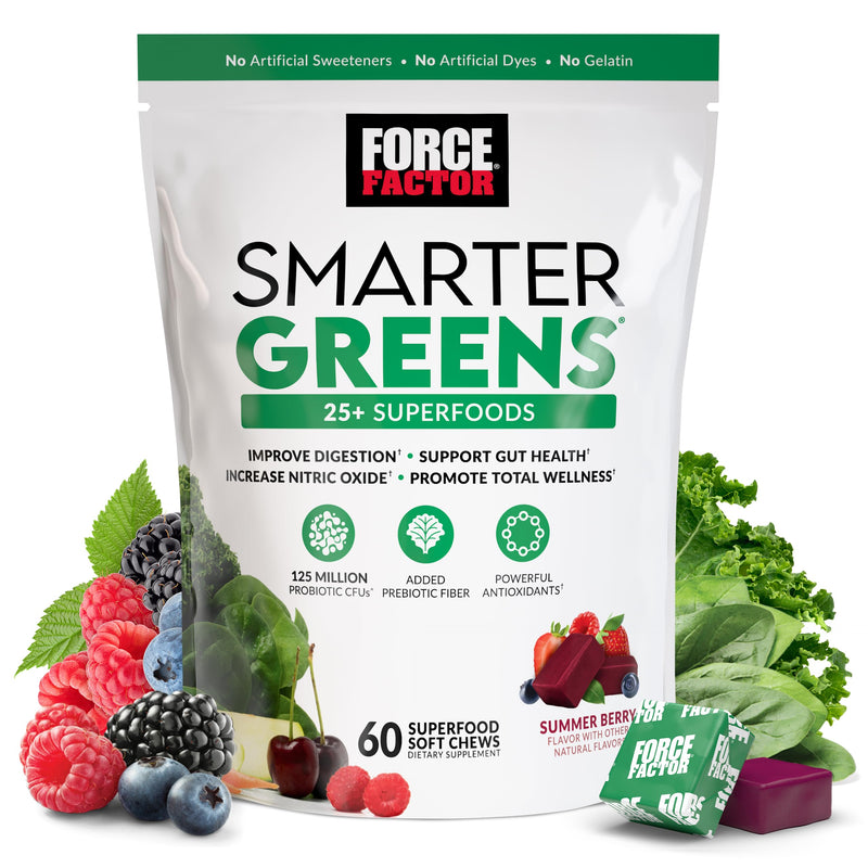 FORCE FACTOR Smarter Greens Superfood Chews, Greens and Superfoods with Probiotics, Antioxidants, and Fiber, Greens Supplement to Support Digestion, Nitric Oxide, and Energy, 60 Soft Chews 60 Count (Pack of 1)