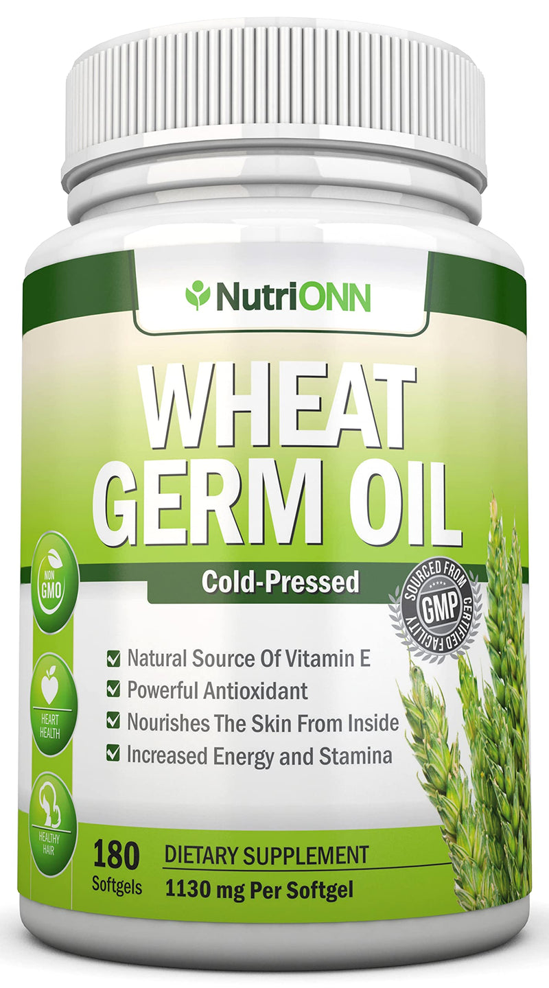 Wheat Germ Oil – 1130mg – 180 Softgels – Cold-Pressed & Non GMO – Natural Source of Vitamin E – Nourished Skin and Healthy Hair – Heart Health – Powerful Antioxidant – Increased Energy and Stamina