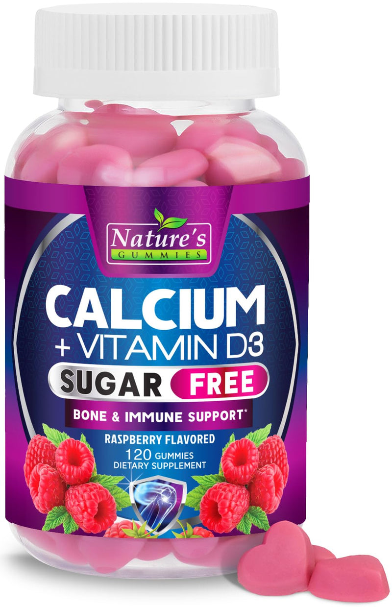 Calcium Supplement Gummies - Sugar Free Calcium Gummy with Vitamin D3 for Best Absorption - Supports Immune Health, Bones & Teeth - Nature's Calcium Chews for Women & Men - Berry Flavor - 120 Gummies 120 Count (Pack of 1)