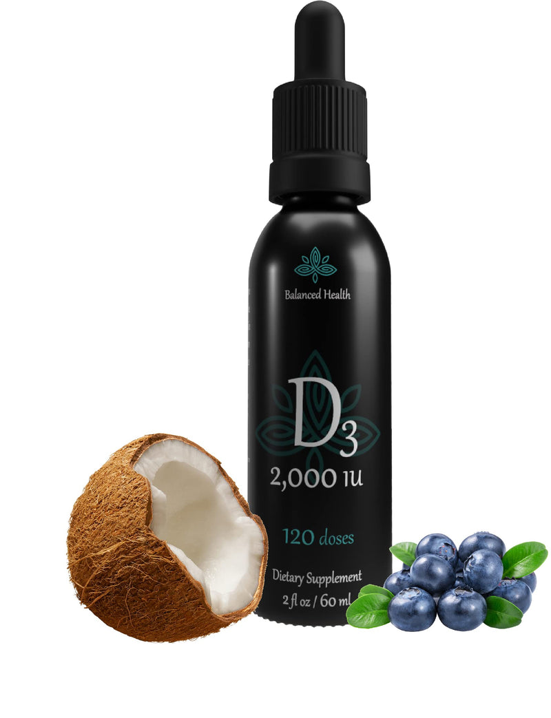 Balance Health D3 2,000 IU, 2 Fl Oz, 120 Doses, Blueberry Flavor, Liquid Vitamin D Drops w MCT Oil for Faster Absorption, Non GMO Vegetarian Safe 2 Fl Oz (Pack of 1)