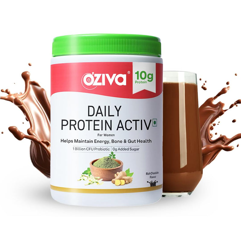 OZiva Daily Protein Activ for Women | Best Protein Powder for Women with 120g Protein, Probiotics, Shatavari for Increased Energy Levels, Bone Health and Hormonal Balance (Chocolate 300 g)
