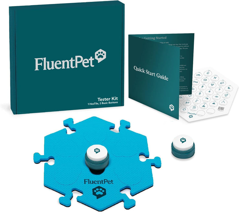 FluentPet Basic Tester Kit - Set of 2 Basic Buttons with Batteries Included for Dogs & Cats and 1 HexTile - Customizable Cat & Dog Training Buttons for Communication - Talking Button Gift Set - BeesActive Australia