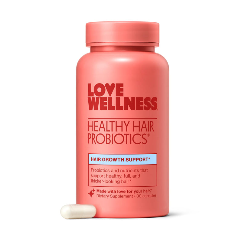 Love Wellness Healthy Hair Probiotics | Biotin, Vitamin B12 & B6 | 30 Ct | Contains healthy hair blend, AnaGain™ Nu, probiotic blend, hyaluronic acid, Non-GMO, gluten-free, Sugar-free, 1 cap daily