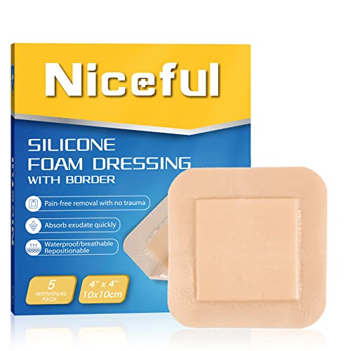 Niceful Silicone Foam Dressing 4"x4", Waterproof Silicone Bandages with Border Adhesive, High Absorbency Bed Sore Bandages Wound Care Dressing (2.5"X2.5" Pad), 5 Packs, FSA HSA Eligible 4x4 Inch (5 Pcs)