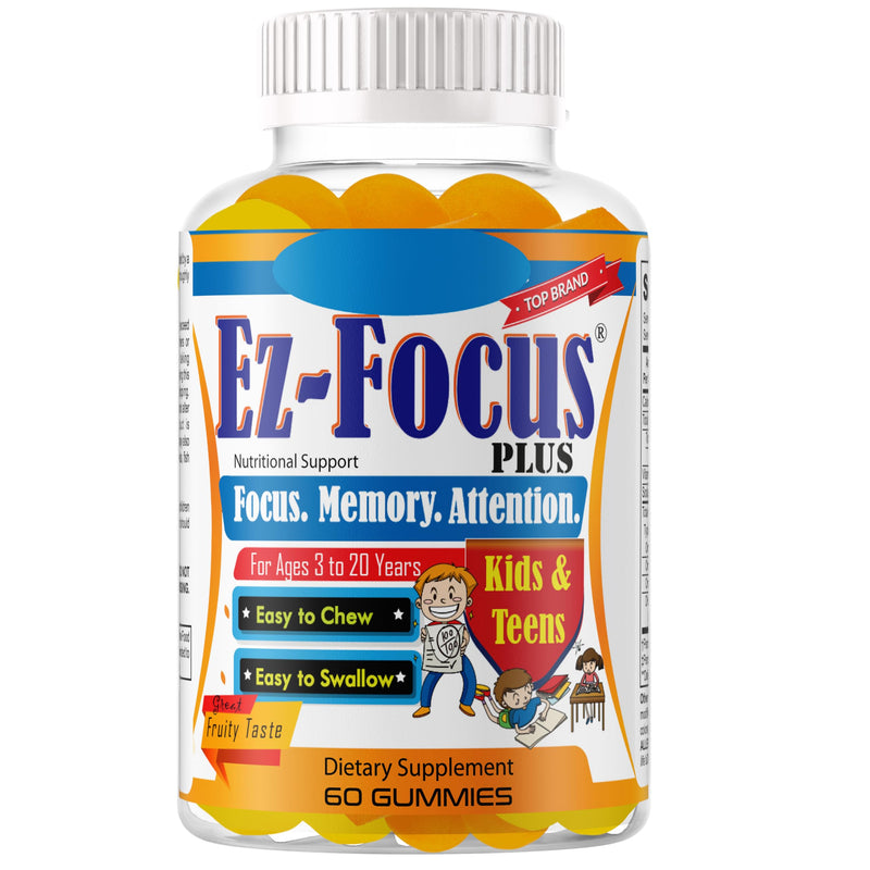 Plus Brain Booster Omega 3 Kids Focus and Attention Supplements for Cognitive Health, Support Memory, Mental Clarity, Concentration for Children and Teens - Fruity Flavor Vitamins 60 Count