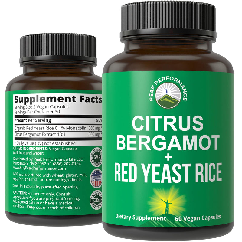 Citrus Bergamot + Red Yeast Rice. 2-in-1 Supplement. High Strength 10:1 Bergamot Extract. No Gluten, Zero Sugar, Vegan Capsules