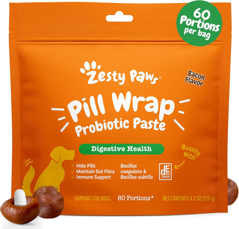 Zesty Paws Pill Wrap Probiotic Paste for Dogs - Immune & Digestive System Support - Bacon Flavor - with DE111 Bacillus subtilis - Pockets Any Pill, Tablet & Capsule for Your Dog 60 Count (Pack of 1) - BeesActive Australia