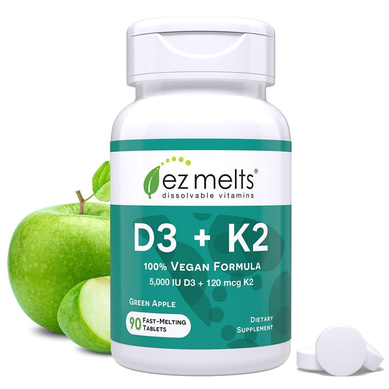 EZ Melts Dissolvable Vitamin D3 K2 5,000 IU, Bone & Joint Support, Sugar-Free, 3-Month Supply - 1 Pack 90 Count (Pack of 1)