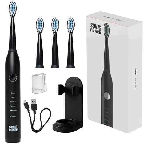 SonicPower Electric Toothbrush Kit, Ultra Portable & Lightweight with 5 Cleaning Modes, 1 Year Supply of Brush Heads, Rechargeable Battery, Mirror Mount & Travel Cap Included (Black) Black