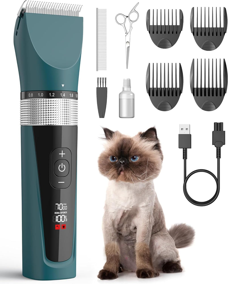 oneisall Cat Clippers for Matted Hair, 5-Speed Quiet Cat Grooming kit, Cordless Cat Shaver for Long Hair,Waterproof Cat Hair Trimmer, Pet Clippers for Cats(Green) Green