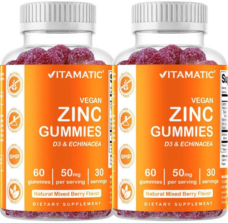 2 Pack - Vitamatic Zinc 50mg Gummies - 60 Vegan Gummies - Gluten Free - Healthy Immune Support for Adults, Men, Women - BeesActive Australia