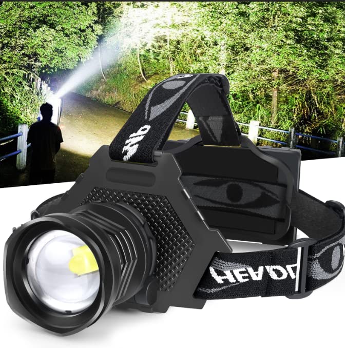 Bud K LED Headlamp USB Rechargeable, Head Lamp XHP70 Super Bright 1080 Lumen with 5 Modes, Batteries Included, Zoomable, Waterproof Headlight for Camping Hunting Running Fishing Biking Black
