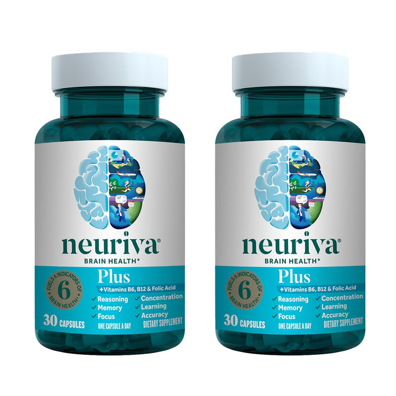 NEURIVA Plus Brain Supplement for Memory, Focus & Concentration + Cognitive Function with Clinically Tested Nootropics Phosphatidylserine and Neurofactor, VIT B6 & B12, 30 Count Capsules (2 Pack) 30 Count (Pack of 2)